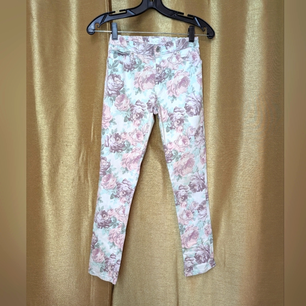 Girls Floral Print Stretch Jeans Skinny Legged Size 12 Excellent Used Condition